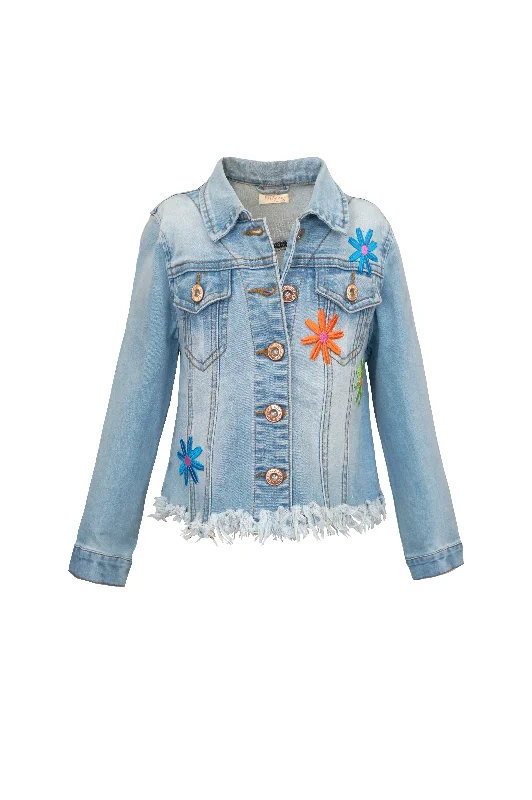 Hannah Banana Pop Art Denim Jacket Ruffle Hem Denim