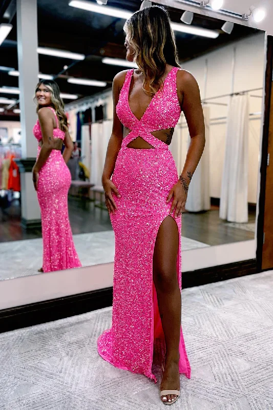 12786 - Sequined Cross Top Sleeveless Slit Sheath Prom Dress Sequin Dress Fit