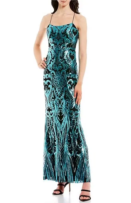 9 - next up black & teal sequin gown Sequin Dress Trendy