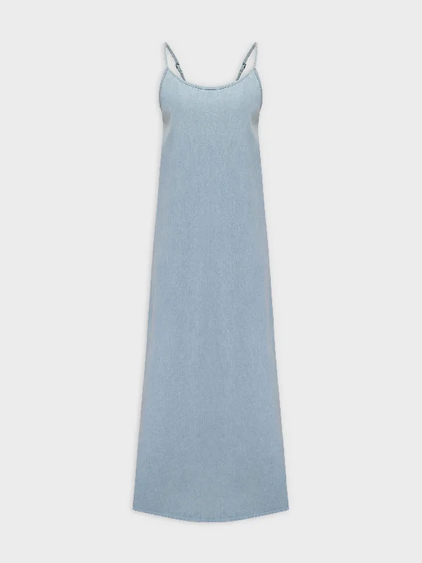 Solid Crew Neck Slip Dress-Sky Blue Denim Chic Denim Skirt