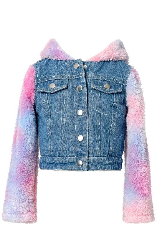 Reversible Denim &  Faux Fur Jacket Denim Skirt Outfit