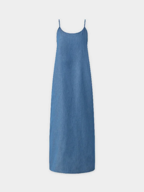 SOLID CREW NECK SLIP DRESS-BLUE DENIM Boho Denim Skirt