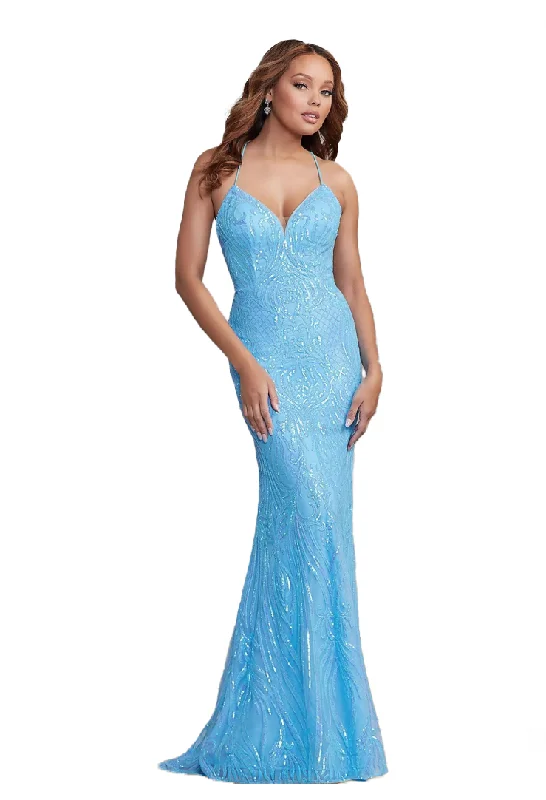 12 - pg aqua blue iridescent sequin strappy gown Glitter Sequin Dress