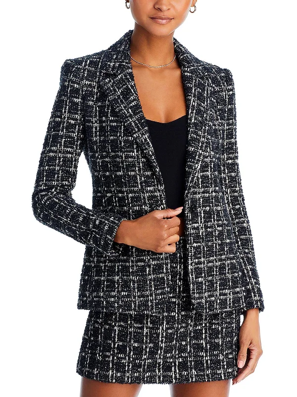 Macey Womens Tweed Notch Collar One-Button Blazer Structured Tweed Blazer