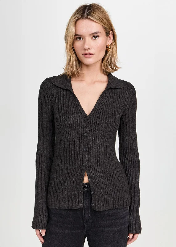 Rina Button-Up Sweater - Charcoal Heather Loose Fit Pullover