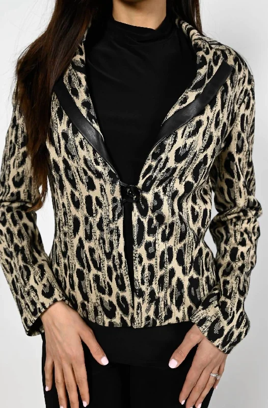 Leopard Metallic Jacquard Jacket In Beige/black Buttoned Women’s Blazer