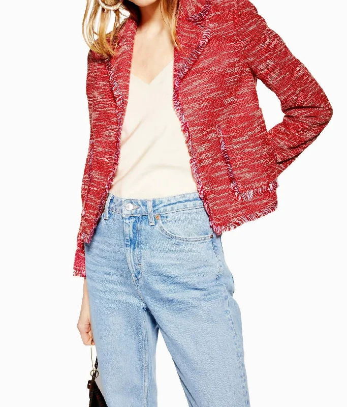 Jersey Boucle Open Front Blazer In Red Double-breasted Blazer Jacket