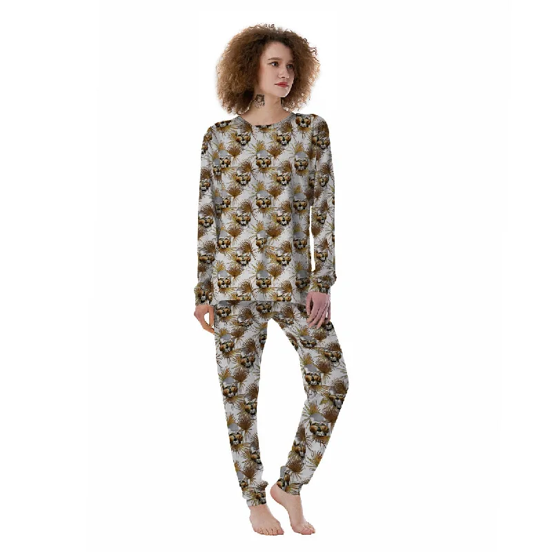 Skull Tropical Gold Print Pattern Women's Pajamas Calvin Klein pajama sets