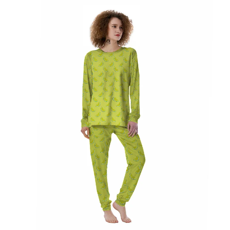 Slices Lime Green Print Pattern Women's Pajamas Movie night pajama sets