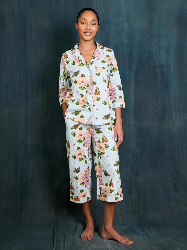 Womens Cotton Long Sleeve Capri Pyjamas Blue Dogwood Rose Three-piece pajama sets