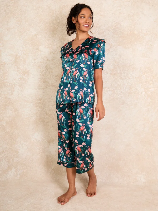 Womens Satin Puff Sleeve Frill Capri Pyjamas Navy Flamingo Nursing pajama sets