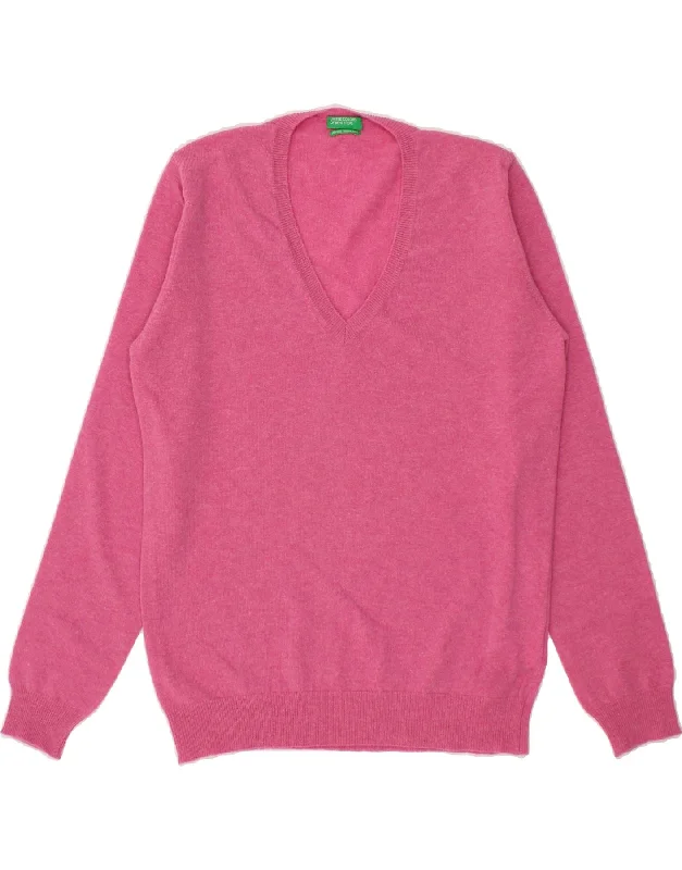 BENETTON Womens V-Neck Jumper Sweater UK 14 Large Pink Virgin Wool Cropped sweaters