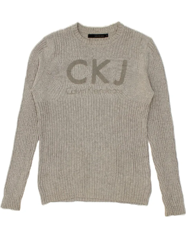 CALVIN KLEIN Womens Graphic Boat Neck Jumper Sweater UK 10 Small Grey Sporty sweaters