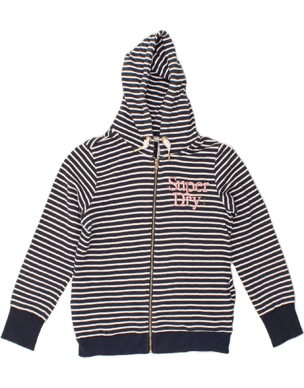 SUPERDRY Womens Graphic Zip Hoodie Sweater UK 14 Large  Navy Blue Striped Casual sweaters