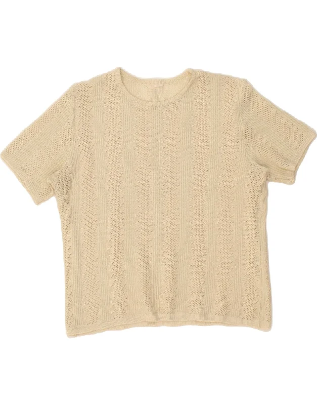 VINTAGE Womens Short Sleeve Crew Neck Jumper Sweater UK 16 Large Beige Date night sweaters