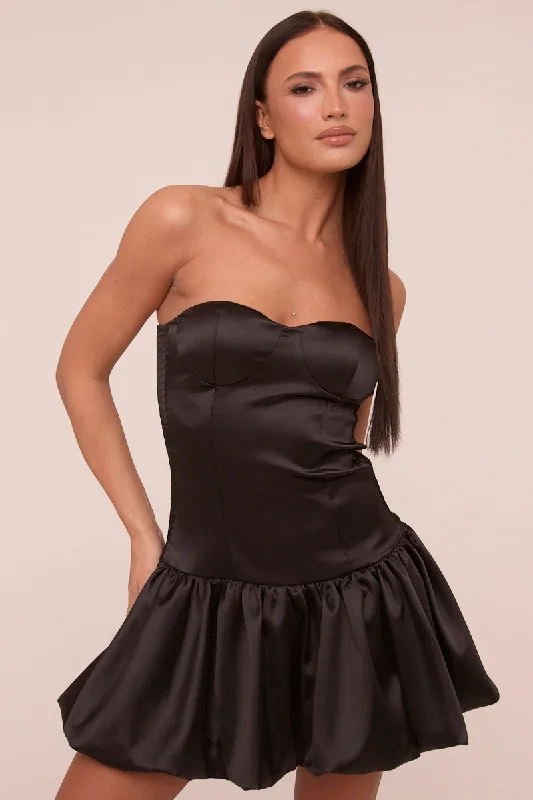 Black Satin Bandeau Puffball Mini Dress - Stacy Lightweight mini dresses for hot weather