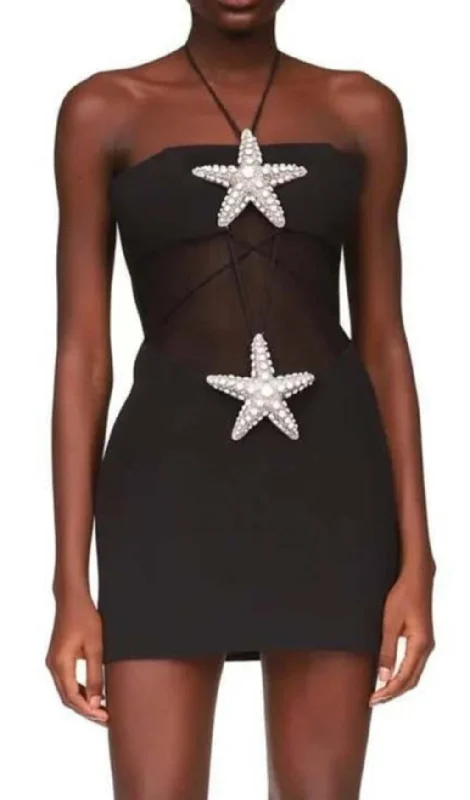 CRYSTAL STARFISH HALTER MINI DRESS IN BLACK Red carpet mini dresses