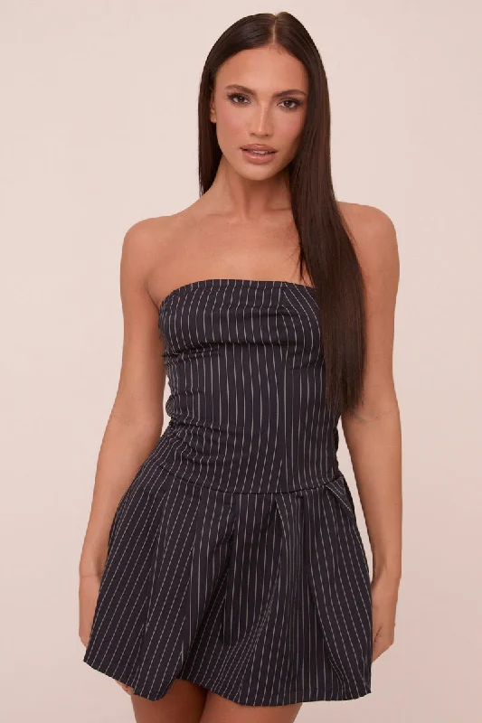 Navy Pin Stripe Bandeau Pleated Mini Dress - Amy Urban Outfitters mini dresses