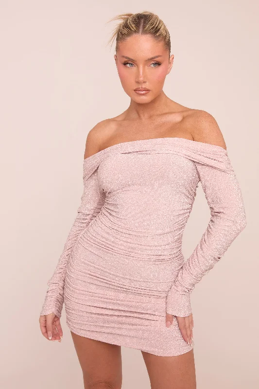 Pink Lurex Bardot Ruched Bodycon Mini Dress - Vivian Best mini dresses for summer vacation