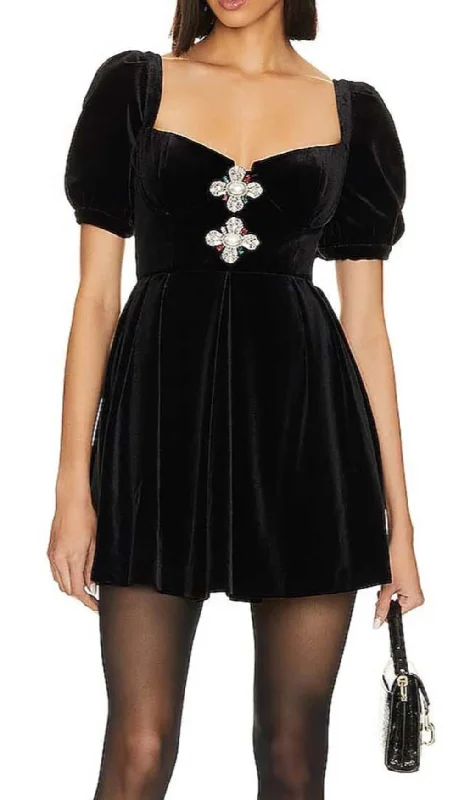 PUFF SLEEVE VELVET MINI DRESS IN BLACK Date night mini dresses