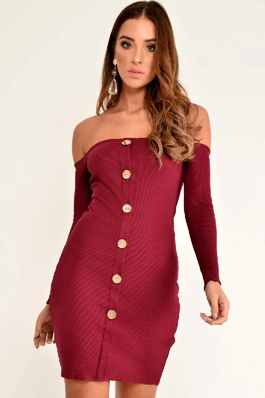 Wine Rib Bardot Button Down Mini Dress - Janora Fall mini dresses