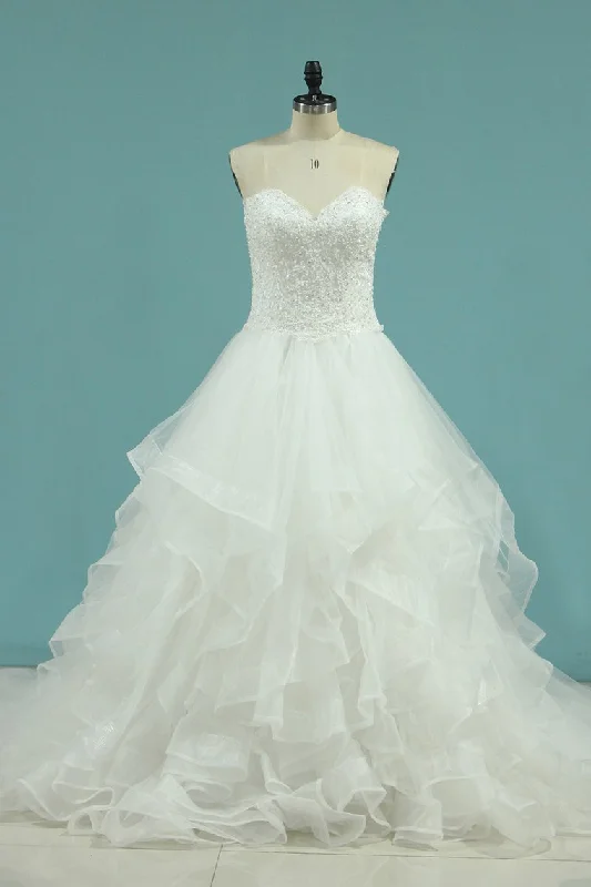 A Line Sweetheart Wedding Dresses With Applique And Beads Tulle Chic Bridal Gown