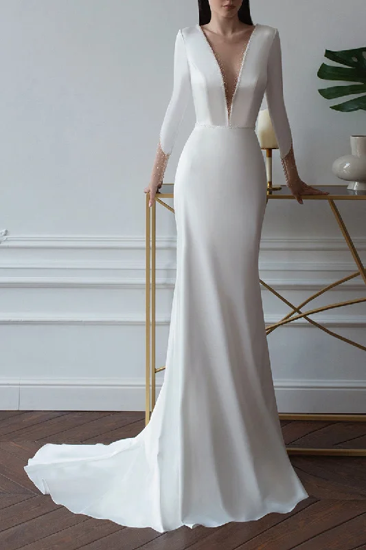 Sheath/Column Illusion Deep V neck Long Sleeve Satin Wedding Dress with Court Train QW2125 Beaded Bridal Gown