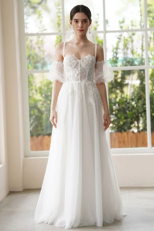 A-Line Sweep-Brush Train Lace Tulle Wedding Dress CW3307 Sheer Wedding Dress