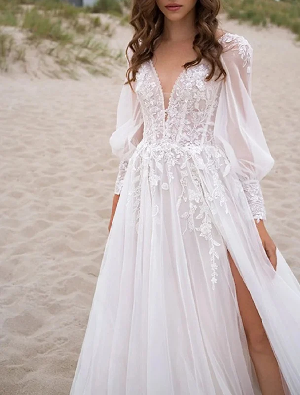 Beach Boho Wedding Dresses A-Line V Neck Long Sleeve Court Train Lace Bridal Gowns With Appliques Split Front Crystal Wedding Dress