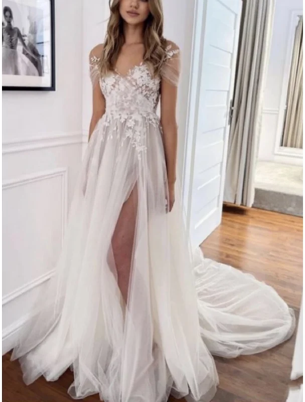 Beach Formal Wedding Dresses A-Line V Neck Short Sleeve Court Train Lace Bridal Gowns With Pleats Split Front Mermaid Style Gown