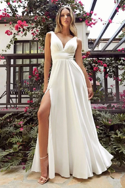 Cinderella Divine Bridal - 7469W Empire Plunging Bridal Gown Sleek Wedding Dress