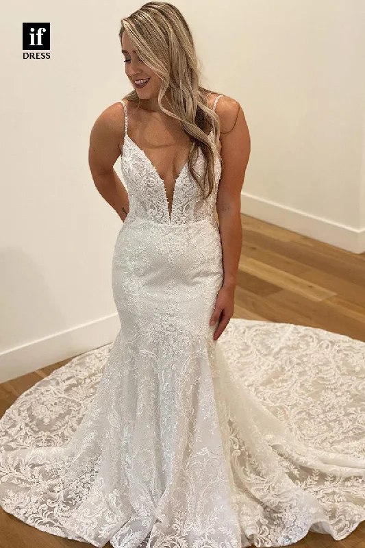 31663 - Modern Spaghetti Straps Plunging V-Neck Lace Mermaid Wedding Dress Modern Lace Gown