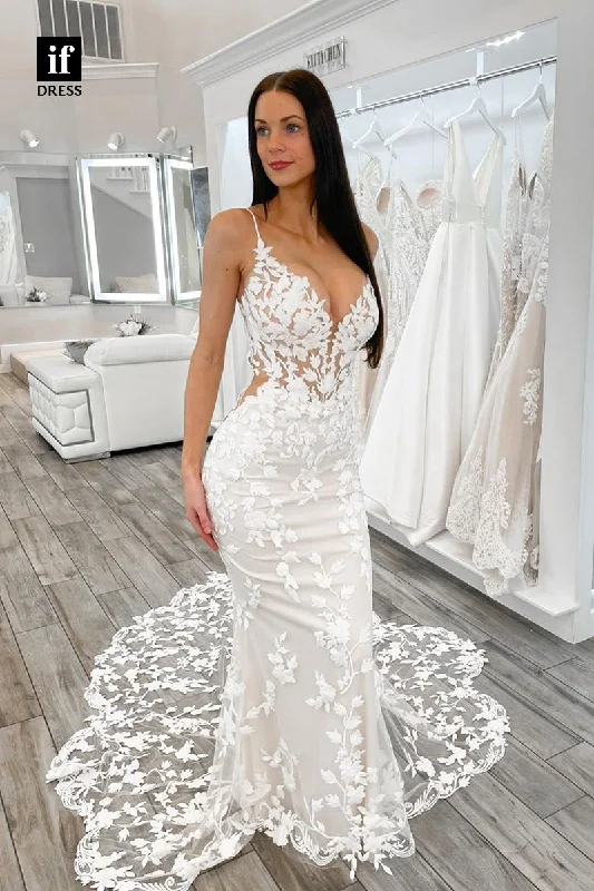 31664 - Sexy Spaghetti Straps V-Neck Lace Sleeveless Boho Wedding Dress Tiered Wedding Dress