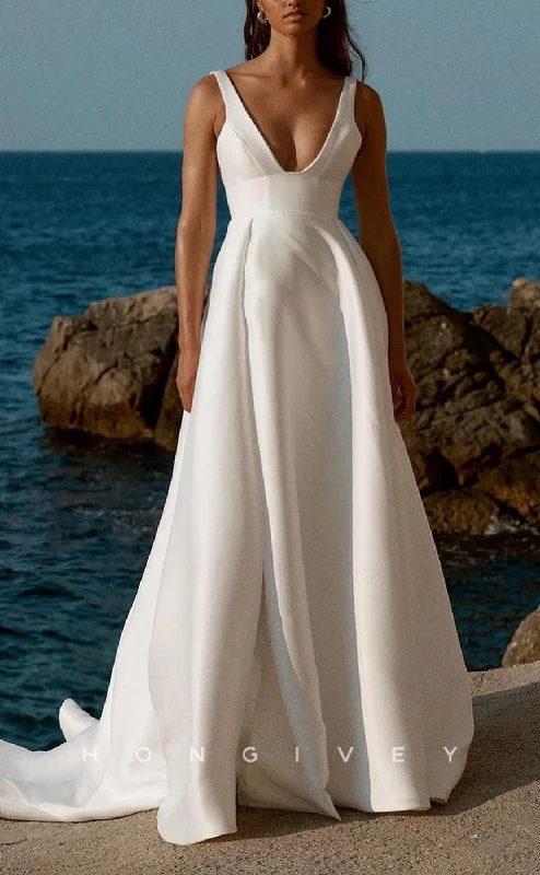 H1755 - Satin A-Line V-Neck Sleeveless High Slit With Train Wedding Dress Vintage Wedding Gown