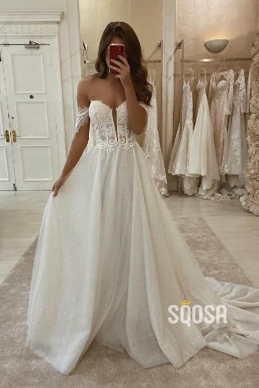 A-line Unique Off-Shoulder Appliques Rustic Wedding Dress Bridal Gown QW2252 Lace Wedding Dress