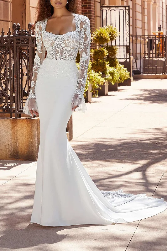 Mermaid Wedding Dress Square Neckline Long Sleeves Boho Wedding Gown QW2293 White Lace Gown