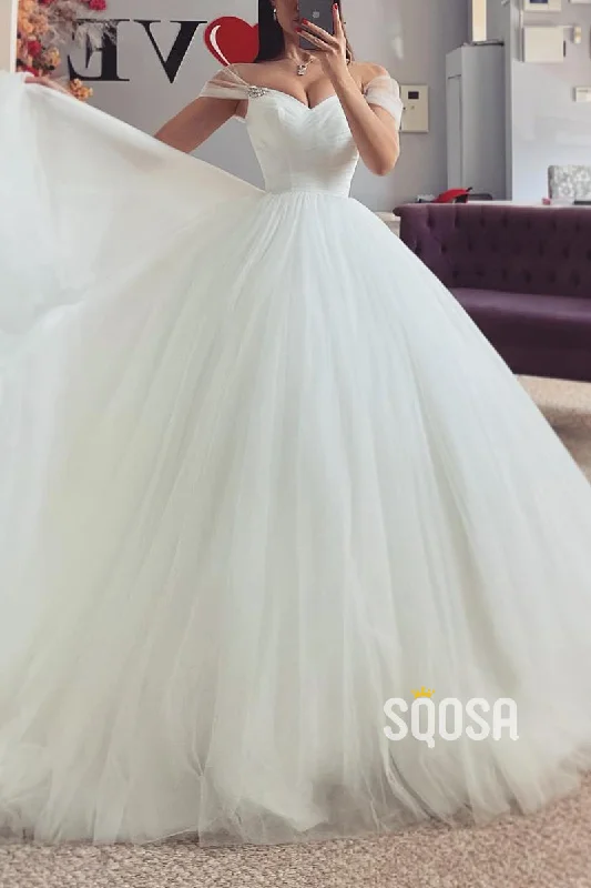 Sweetheart Off-Shoulder Tulle A-Line With Train Wedding Dress QW8173 Illusion Neckline Gown