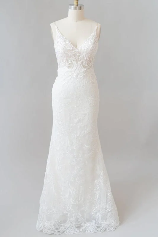 Elegant Appliques V-neck Sheath Wedding Dress Silk Bridal Dress