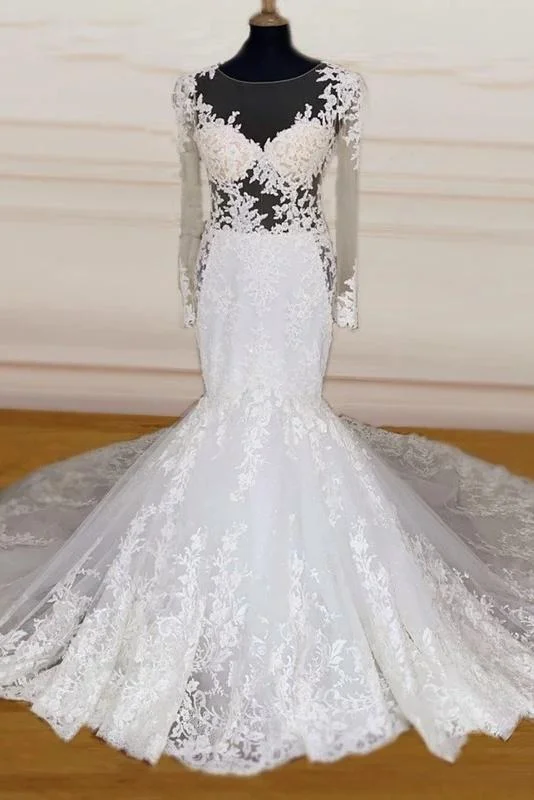 Elegant Long Scoop Neck Mermaid Wedding Dress With Sleeves Y0168 Soft Lace Gown