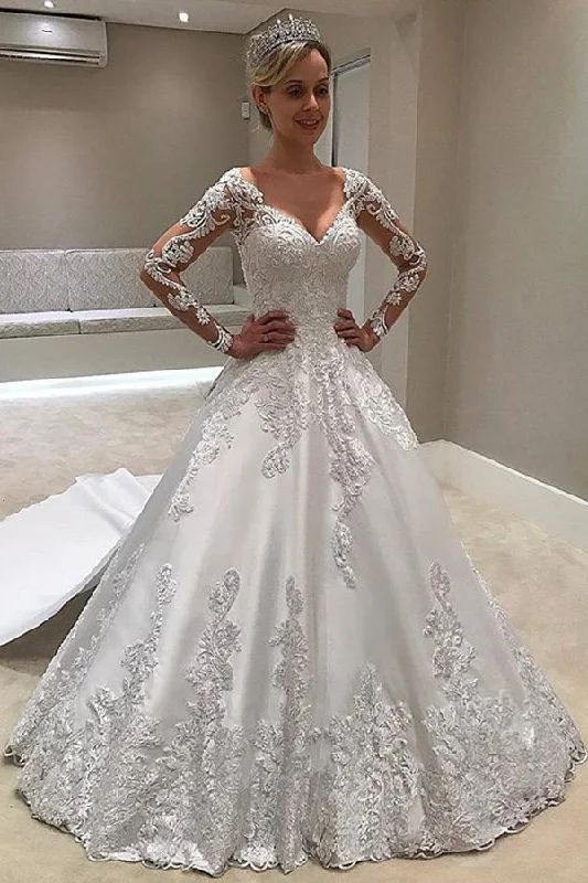 Elegant Long Sleeves Plus Size Ball Gown Lace Appliques Satin Wedding Dresses For Women Illusion Lace Gown