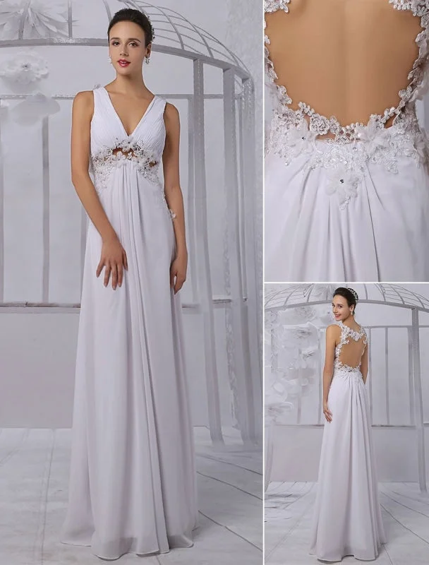 Empire Chiffon V-Neck Illusion Back Wedding Dress With Floral Applique Exclusive Floral Wedding Gown