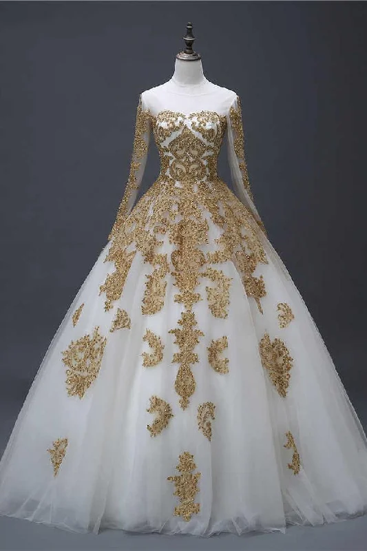 Gold Appliques Puffy Sheer Neck Long Sleeves Tulle Wedding Dress Bridal Dress N1734 Luxury Lace Gown