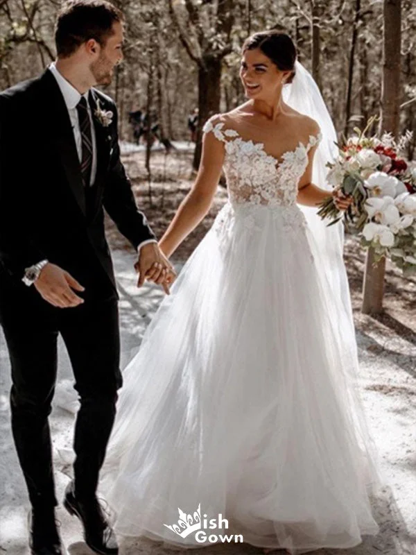 Romantic Tulle Cap Shoulder V Neck Applique Popular Bridal Long Wedding Dresses, WDH095 Boho Wedding Gown