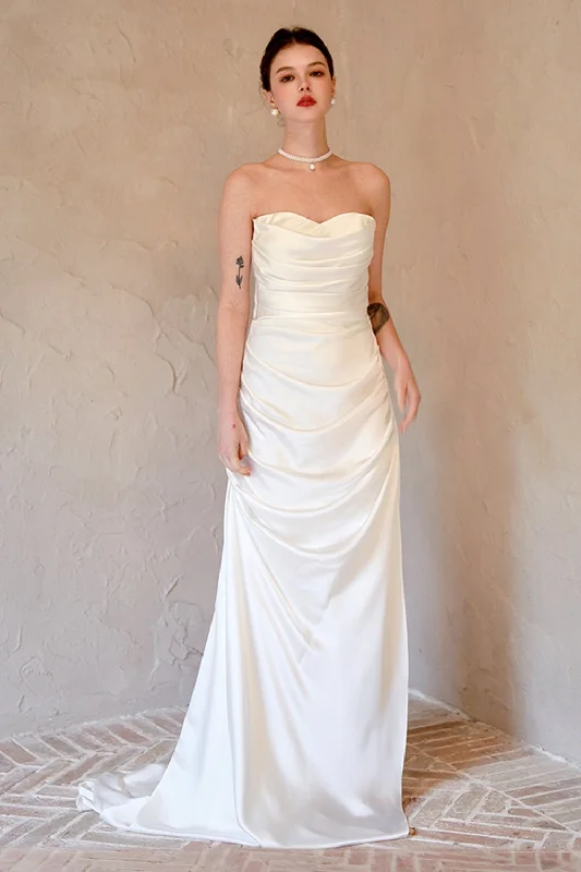 Sheath-Column Sweep-Brush Train Satin Wedding Dress CW3067 Sleeveless Bridal Gown