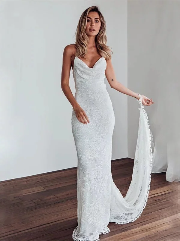 Sheath V-neck Lace up Back Sexy Wedding Dresses With Train, WD0454 Floral Bridal Gown