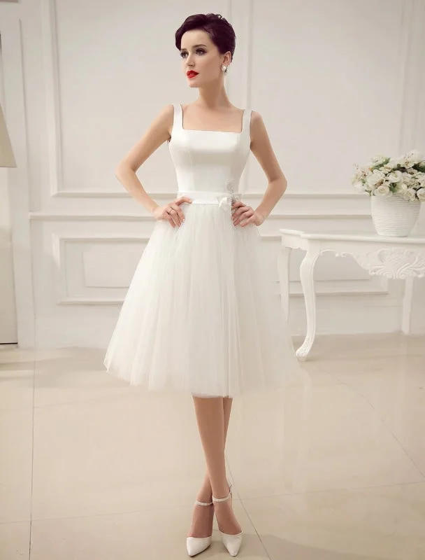 Simple Wedding Dresses Satin Square Neck Applique Short Bridal Dress With Beading Bow Sash Exclusive Romantic Wedding Dress