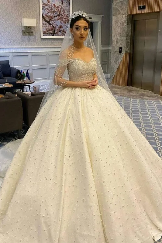 Sweetheart Off-the-Shoulder Backless Ball Gown Wedding Dress with Pearl Beading and Ruffles Empire Waist Dress