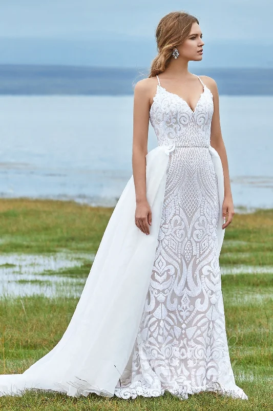 Mermaid Court Train Sequined Lace Wedding Dress LD5780 Illusion Neckline Gown