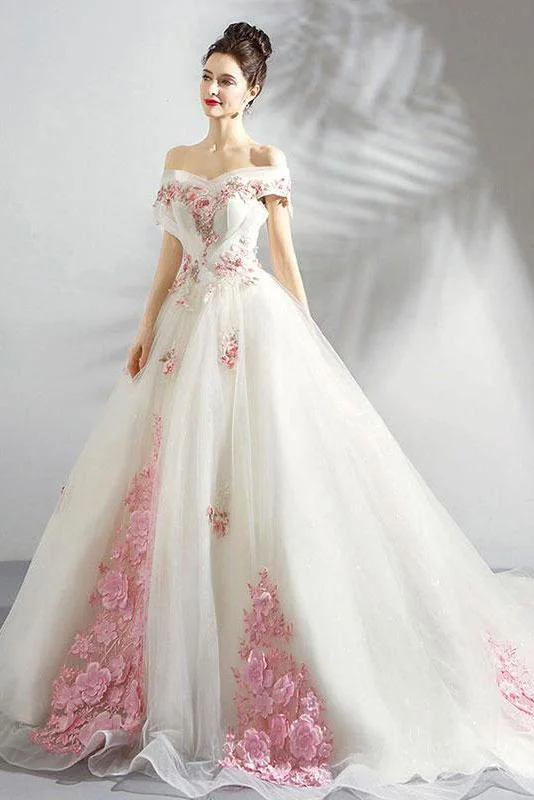 Unique Off the Shoulder Tulle Wedding Dress With Pink Flowers, Ball Gown Wedding Gown N2584 Glamorous Wedding Dress