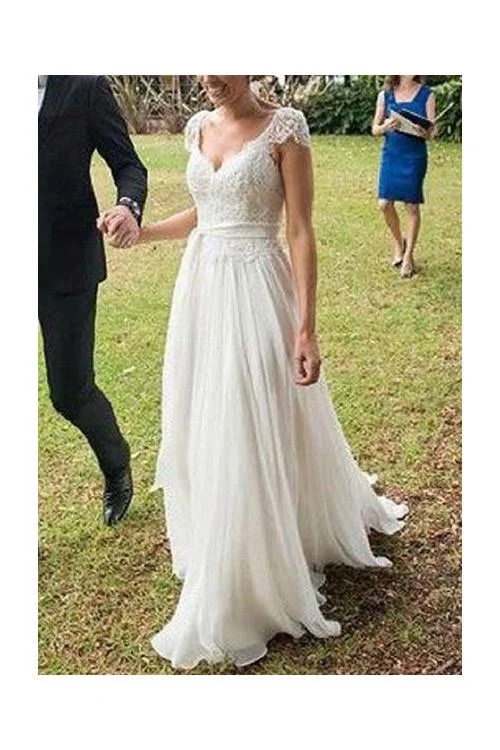 V-neck A-line Cap Sleeves Lace Ivory Chiffon Beach Wedding Dress,N09 Formal Wedding Dress